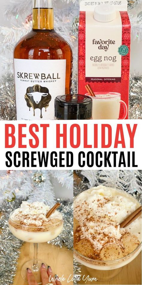 If you’re a fan of Screwball whiskey and like eggnog, you will love this screwball whiskey holiday drink! An easy, quick, and ridiculously good holiday cocktail with just three ingredients. It's of the best screwball whiskey cocktails! Screwball Drinks Recipes, Screwball Whiskey Balls, Drinks With Screwball Whiskey, Bourbon Christmas Drinks, Christmas Cocktail Recipes Easy, Screwball Whiskey Recipes, Screwball Cocktails, Skrewball Recipes, Screwball Peanut Butter Whiskey Drinks