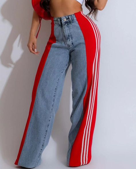 Fashion Stitching Wide Leg Denim Pants #woman #switzerland #shopping #germany🇩🇪 #bag #poland #polishgirl #sportmotivation #italy #streetstyle Side Stripe Jeans, Jeans Decoration, Black Jumpsuit Dress, Denim Pants Fashion, Fashion Packaging, Stylish Jeans, Striped Jeans, Denim Material, Crop Top Sweater