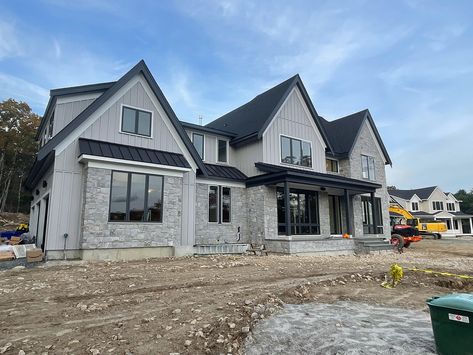 Modern Farmhouse II - David Small Designs Modern Farmhouse New Build, Modern Farmhouse Stone Exterior, Farmhouse Stone Exterior, Gray Brick House Exterior, Brick And Stone House Exterior, Dark Modern Farmhouse Exterior, Farmhouse Siding, Grey Siding House, Grey Farmhouse Exterior