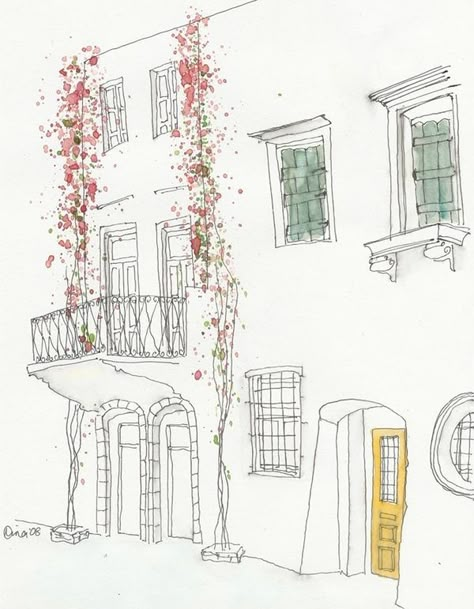 Simple Building, Building Illustration, 수채화 그림, House Drawing, Sketchbook Journaling, Sketches Easy, Painting Digital, Urban Sketching, Watercolor And Ink