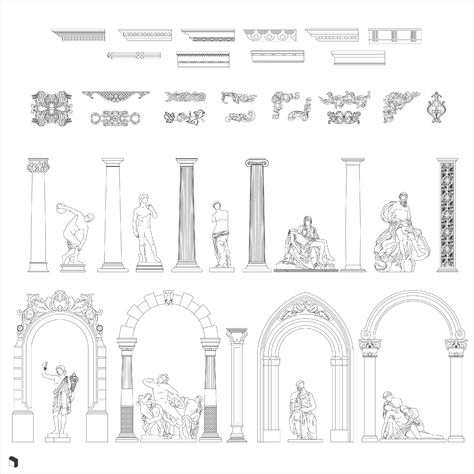 Cad Classical Elements DWG | Toffu Co Vintage Architecture Drawing, Linework Practice, Cad Blocks Free, Greece Architecture, Interior Design Sketchbook, Perspective Drawing Architecture, Wings Drawing, Building Drawing, Drawing Sheet