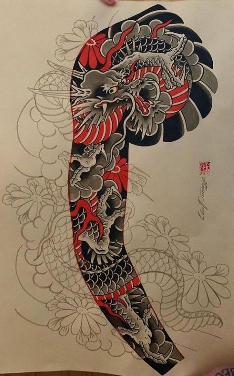 Ryu Dragon, Traditional Japanese Tattoo Sleeve, Bushido Tattoo, Koi Tattoo Sleeve, Japanese Tiger Tattoo, Traditional Japanese Tattoo Designs, Japanese Tattoos For Men, Dragon Sleeve, Samurai Tattoo Design