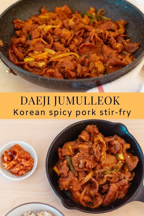 Daeji Jumulleok (Korean spicy pork stir-fry) Korean Spicy Stir Fried Pork, Korean Stir Fry Pork, Korean Spicy Pork Recipe, Meal Ideas Pork, Kimchi Pork Stir Fry, Korean Spicy Pork Bulgogi, Korean Pork Dishes, Pork Korean Recipes, Korean Main Dish