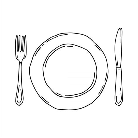 Dinner Plate Tattoo, Knife And Fork Illustration, Skillet Drawing, Table Setting Drawing, Fork Tattoo, Lunch Drawing, Fork Illustration, Fork Drawing, Plate Tattoo