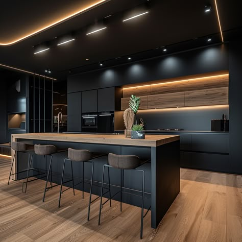 Contemporary Kitchen Black, Kitchen New Design, Kitchen Ideas With Black Island, House Interior Black, Designer Kitchens Luxury Modern, Kitchen Black And Gold, Modern Kitchen Black, Kitchen Interior Black, Black Kitchen With Island