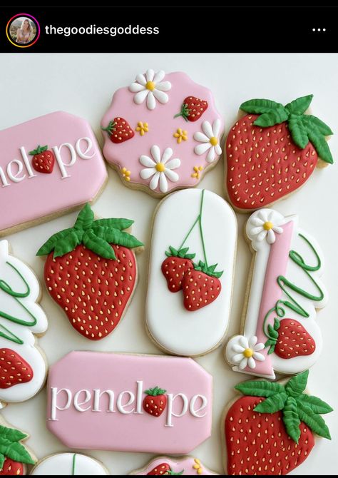 Strawberry Iced Cookies, Berry Cookies Decorated, Strawberry Shortcake Cookies Decorated, Strawberry Shortcake Sugar Cookies, Strawberry Baby Shower Cookies, Strawberry Decorated Cookies, Strawberry Sugar Cookies Decorated, Strawberry Cookies Decorated, Strawberry Themed Cookies