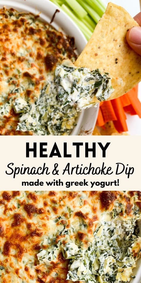 Best Healthy Dip Recipes, Healthy Italian Appetizers, Greek Yogurt Artichoke Dip, Greek Yogurt Spinach Dip, Protein Spinach Dip, Spinach Artichoke Dip Healthy, Spinach Artichoke Dip Greek Yogurt, Healthy Dips And Appetizers, Greek Yogurt Spinach Artichoke Dip