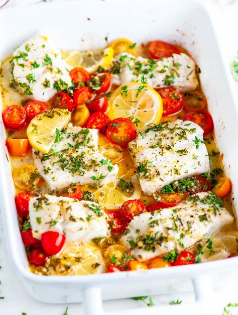 Lemon Herb Butter Baked Cod - Fresh cod fillets baked with cherry tomatoes and smothered in a lemon garlic herb butter sauce. From aberdenskitchen.com #herb #lemon #butter #cod #baked #fish #seafood #tomatoes #maindish #dinner #recipe #glutenfree Garlic Herb Butter Sauce, Butter Baked Cod, Lemon Herb Butter, Baked Cod Fillets, Herb Butter Sauce, Cod Fillets, Baked Cod Recipes, Cod Fish Recipes, Garlic Herb Butter