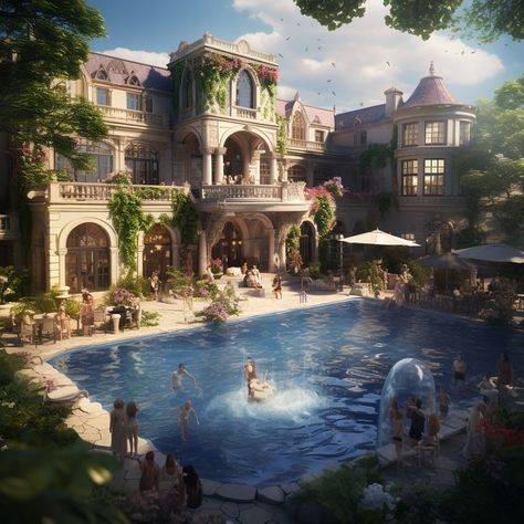 Party in the swimming pool in ancient rome Ancient Buildings Aesthetic, Roman House Exterior, Ancient Swimming Pool, Roman Bath House Aesthetic, Ancient Rome House, Ancient Roman Aesthetic, Ancient Greek House, Elvish Architecture, Roman Empire Aesthetic