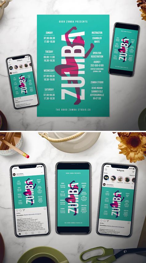 Zumba Flyer Template PSD, AI + Instagram Post 1080x1080 px and Instagram Story 1080x1920 px Zumba Poster Ideas, Zumba Poster Design, Zumba Aesthetic, Zumba Poster, Zumba Party, Fitness Poster, Fitness Flyer, Workout Posters, Editing Ideas