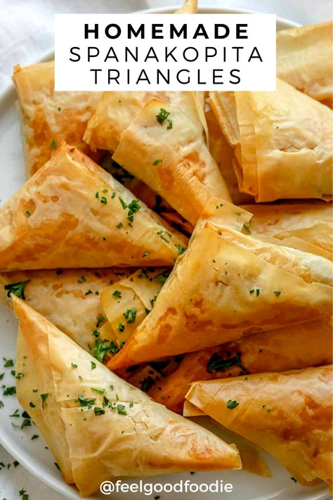 Spinach And Feta Spanakopita, Recipe For Spanakopita, Spinach Triangles Phyllo Dough, Greek Starters Appetizers, Fillo Pastry Recipes Savoury, Spanakopita Recipe Puff Pastry, Healthy Spanakopita, Spanokita Recipe, Spanikopita Recipes Easy