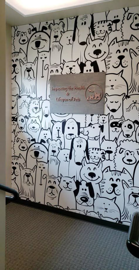 Customer Examples Of Wall Murals And Wallpaper Pet Mural Ideas, Animal Shelter Wall Murals, Pet Shop Ideas Decor, Pet Mural, Dog Mural, Dog Boarding Kennels, Wall Drawings, Dog Grooming Shop, Tender Care