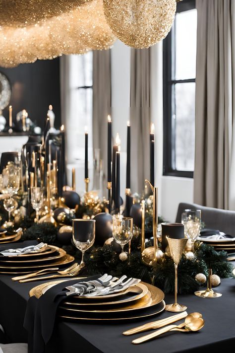 modern Christmas dining table black and gold Gold Tablescape Christmas, Black White And Gold Christmas Table Decor, Black White Christmas Table Decor, Glam Christmas Table Decor, Black And Gold Dining Table Decor, Christmas Table Black Tablecloth, Luxury Christmas Table Settings, Chic Christmas Table Decor, Black And Gold Christmas Centerpieces