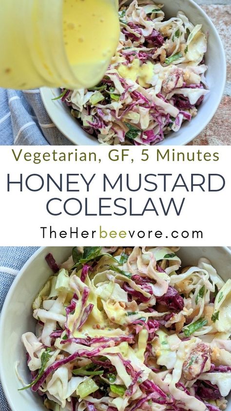 I love adding raw honey to all kinds of sweet and savory dishes.   This honey mustard coleslaw is tangy and delicious, and the bright honey mustard dressing gives an incredible flavor to the dish!

honey mustard coleslaw recipe vegetarian gluten free plant based raw honey dressing for cabbage salad cole slaw

This Honey Mustard Coleslaw Recipe Is:
Sweet
Creamy
Tangy
Savory
Loaded with fresh vegetables and nuts
Vegetarian and gluten free, and very easy to make vegan.
coleslaw with honey mustard Mustard Coleslaw Recipe, Honey Mustard Coleslaw, Mustard Coleslaw, Drink Inspiration, Food Blogging, Potluck Dishes, Pot Luck, Slaw Recipes, La Food