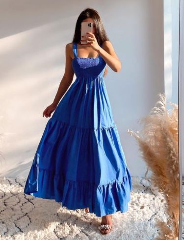 Blue Dress Long Casual, Blue Sundress Long, Beach Long Dresses, Flowy Summer Dresses Sundresses Long, Long Sundress Outfit Summer, Maxi Dresses Aesthetic, Long Summer Dress Outfits Casual, Flowy Sundress Long, Flowy Blue Beach Dress