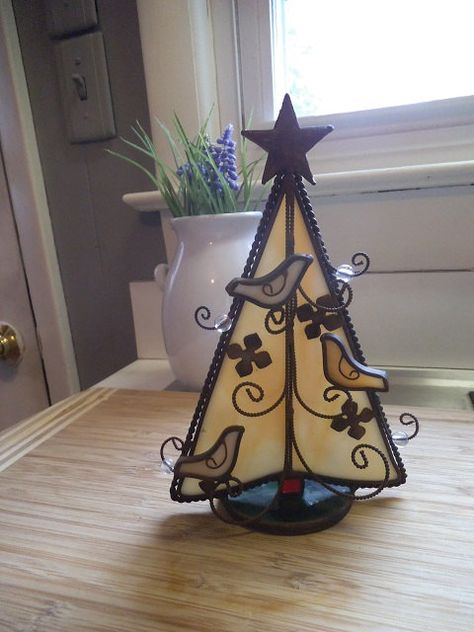 vintage Antique Brass and Stained Glass Christmas Tree with Doves ~ Holiday decoration Stained Glass Birds, White Stain, Stained Glass Christmas, Glass Christmas Tree, Tealight Candle Holders, Glass Birds, Christmas Candles, Votive Candles, Vintage Home Decor