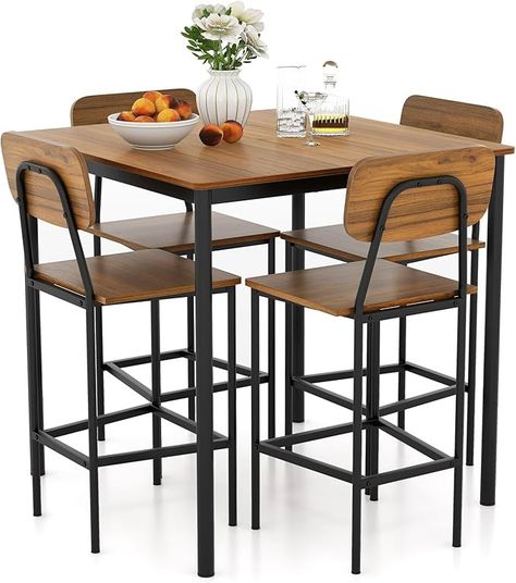 Amazon.com - Giantex 5-Piece Dining Table Set W/Counter Height Table & 4 Bar Stools, Industrial Kitchen Dining Table Set W/Footrest & Backrest, Space-Saving Dinette Set for Pub, Dining Room, Restaurant (Walnut) - Table & Chair Sets Industrial Dining Room Table, Square Kitchen Tables, Counter Height Dining Table Set, Modern Bar Table, Dining Room Industrial, Square Kitchen, Industrial Dining Table, Bar Table Sets, Dinner Table Setting