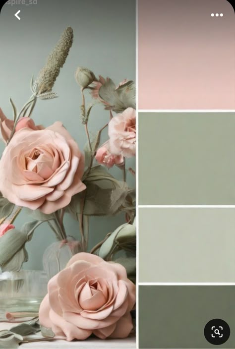 Green Paint Decor Ideas, Green Pink Paint Palette, Green And Blush Pink Living Room, Pink Sage Green Living Room, Sage Color Room Ideas, Calming Green Bedroom Colors, Colours That Compliment Sage Green, Sage Green And Blush Pink Color Palette, Calming Home Colors