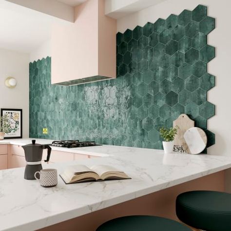 Green Hexagon Tile, Hexagon Wall Tiles, Hexagon Wall, Tiles Ideas, Hexagon Tile, Contemporary Tile, Bamboo Mirror, Hexagon Design, Hexagon Tiles