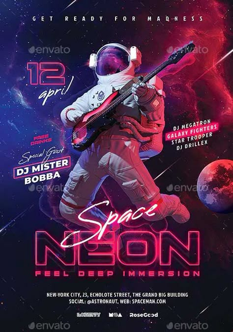 Neon Poster Ideas, Space Flyer Design, Neon Party Design, Neon Space Party, Neon Flyer Design, Neon Poster Design Graphics, Neon Light Graphic Design, Space Graphic Design Poster, Party Posters Design