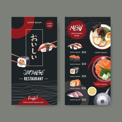 Sushi menu collection for restaurant. te... | Free Vector #Freepik #freevector #watercolor Japanese Food Menu, Japanese Restaurant Menu, Menu Sushi, Sushi Logo, Menu Sans Gluten, Restaurant Template, Food Watercolor, Sushi Menu, Japanese Menu