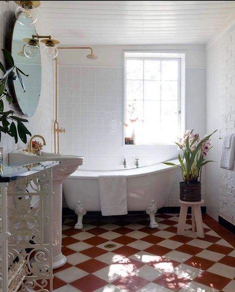 We're always dreaming in coloured tiles and now it seems you and your bathrooms are too!! When it comes to bathroom renovations or additions, colour plays a major role, and these days, increasing numbers of homeowners are choosing to make an impact with coloured tiles. Although coloured tiles have long been a feature of bathroom design, they are now making a sweeping return in millennial shades of blush, rose, salmon, peach, and terracotta! Luckily our Jatana range is filled with these tone... Cottage Bathroom Floor, French Cottage Bathroom Ideas, French Cottage Bathroom, Floor Tile Bathroom, Cottage Bathroom Ideas, Red Floor, Old Apartments, Splashback Tiles, Cottage Bathroom