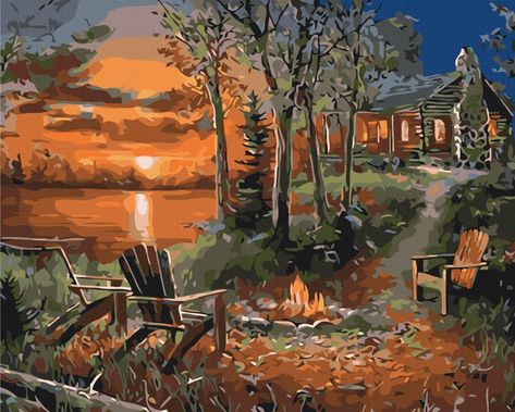 Drawing Outlines, Color Numbers, Nature Painting, Lake Landscape, House Paint, Painting Painting, Paint By Numbers, Nature Paintings, Beautiful Scenery