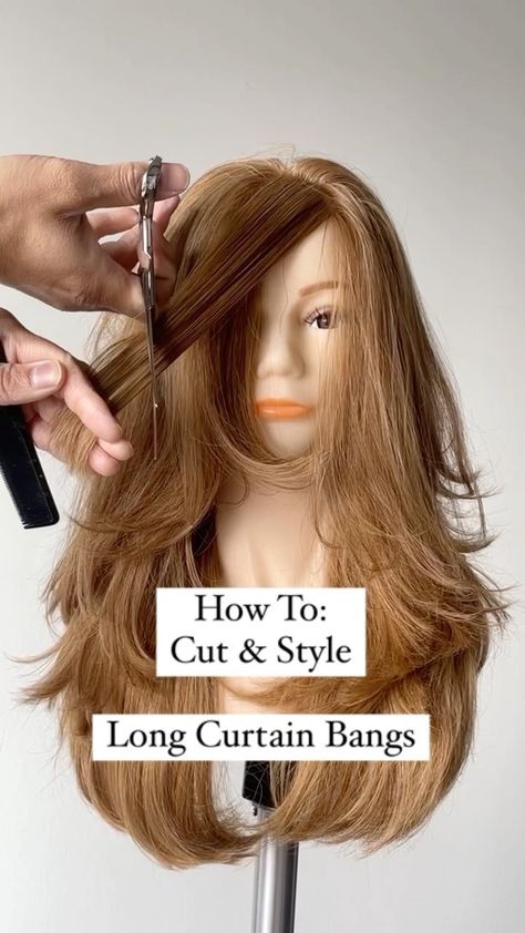 How To: Cut & Style Long Curtain Bangs ✂️ #authenticbeautypartner . After determining the desired length, begin on dry, styled hair. Use… | Instagram Hair Up Face Framing Layers, Curtain Bangs Butterfly Layers, Face Trimming Haircut, Long Face Framing Fringe Bangs, Fun Layers For Long Hair, Long Layered Hair With Curtain Bangs Side Part, Curtain Bangs With Layers Tutorial, Face Framing Layers Starting At Chin, Long Hair Cuts With Layers Face Framing Curtain Bangs