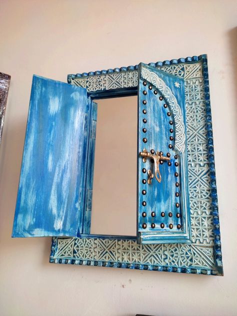 Handcarved Door, Blue wall decor, vintage style, Moroccan decor Aesthetic Mirrors, Moroccan Window, Hidden Mirror, Moroccan Doors, Moroccan Door, Rustic Mirror, Indian Room, Painted Trays, Rustic Mirrors