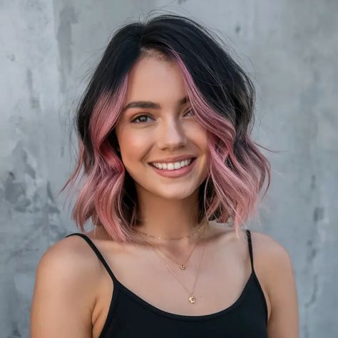 21 Stunning Ideas for Hair Color for Short Hair Highlights with Red, Tone, and Low Lights Short Brown Hair Pink Highlights, Short Hair Peekaboo Highlights, Pink Highlights In Brown Hair Short, Color For Short Hair Highlights, Light Pink Peekaboo Hair, Brown And Colored Hair, Short Hair Pink Highlights, Light Pink Hair Highlights, Hair Dye For Short Hair