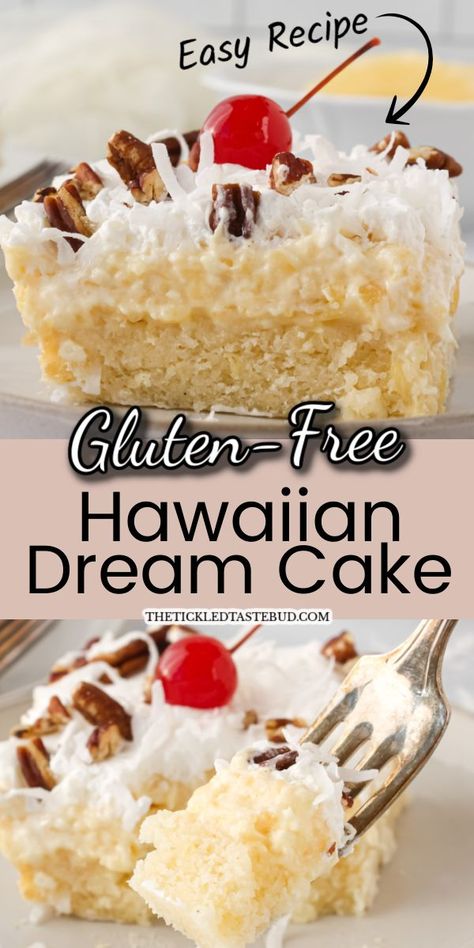 GLUTEN-FREE HAWAIIAN DREAM CAKE Best Gluten Free Desserts Glutenfree Easy Recipes, Easy Family Dinners Gluten Free, Gf Fourth Of July Desserts, Coconut Gluten Free Recipes, Gf Birthday Dessert, Summer Dessert Gluten Free, Gluten Free Cool Whip Desserts, Gluten Free Cookout Desserts, Gluten Free Pineapple Coconut Cake