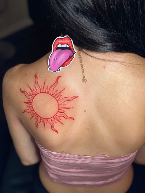 Goddess Of The Sun Tattoo, Orange And Red Tattoo, Sun Tattoo Black Women, Detailed Sun Tattoo Design, Red Sun Tattoo Black Women, Fire Sun Tattoo, Sun On Shoulder Tattoo, Red Sun Rays Tattoo, Sun And Moon Tattoo Red