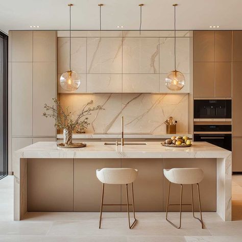 12+ Elegant Luxury Modern Kitchen Designs in Warm Beige • 333+ Inspiring Lifestyle Ideas Luxury Minimalist Kitchen, Cream Kitchen Ideas Modern, Small Beige Kitchen, Cream Kitchen Modern, Modern Luxury Kitchen 2024, Kitchen Cupboard Ideas Modern, Kitchen Theme Ideas Apartment, Beige Room Ideas, Kitchen Cashmere