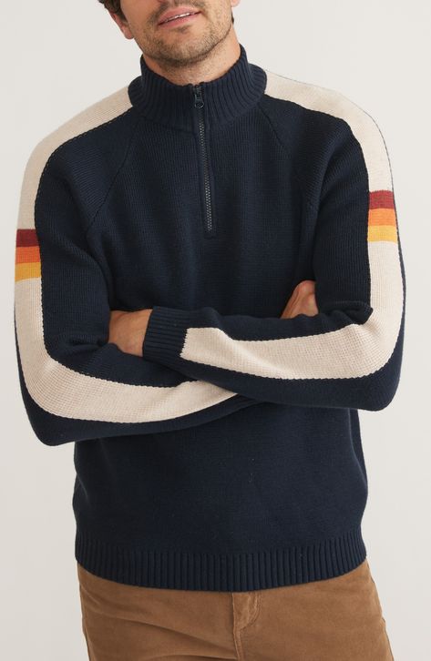 A trio of sunset shades inset the stripes down the sleeves of this quarter-zip sweater knit from soft, cotton-blend yarns warmed with a bit of merino wool. 26 1/2" length Quarter-zip closure Stand collar Long sleeves with ribbed cuffs 60% cotton, 30% nylon, 10% merino wool Machine wash, dry flat Imported Marine Layer, Too Cold, Holiday Party Outfit, Quarter Zip Sweater, Cozy Knit, Modern Outfits, Mock Neck Sweater, Last Call, Cozy Knits