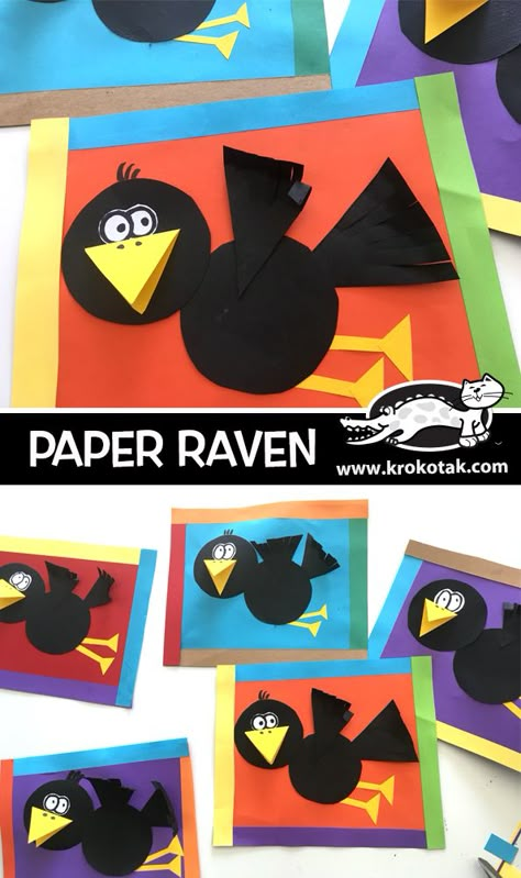 PAPER RAVEN Diy Paper Christmas Tree, Paper Bird, Crow Art, Paper Birds, Kindergarten Art, Craft For Kids, Childrens Crafts, Christmas Coloring Pages, Animal Crafts