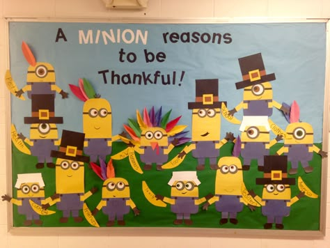 Minion Thanksgiving bulletin board Minion Thanksgiving Bulletin Board, Thanksgiving Posters For School, November Bulliten Boards, November School Bulletin Board Ideas, Thanksgiving Bulletin Board Ideas School, November Bulletin Boards For Elementary, Thanksgiving Bulliten Boards, Thanksgiving Bulletin Boards For School, Minion Thanksgiving