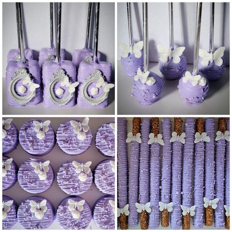 Purple And Silver Cake Pops, Butterfly Candy Table Ideas, Purple Desert Table Ideas, Purple Butterfly Sweet 16 Cake, Lavender And Silver Sweet 16 Decorations, Purple Butterfly Theme Quinceanera, Quince Treat Table Ideas, Purple Butterfly Dessert Table, Quinceanera Ideas Themes Butterflies