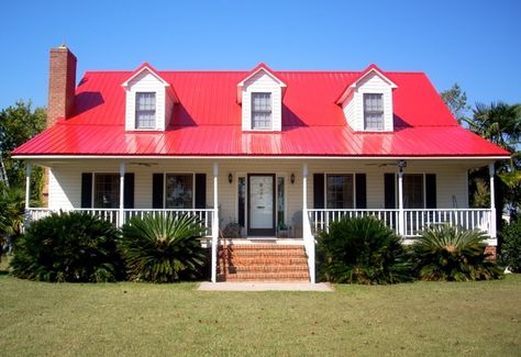 Metal Roofing Showcase-Lexington, Ky. | American Metal Roofing Red Tin Roof House, Red Roof House Colors, Red Metal Roof, Tin Roof House, House With Front Porch, Wood Roof Shingles, Red Roof House, Metal Roof Houses, Metal Roof Colors