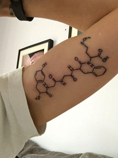 My new tattoo, met-enkephalin, chemical formula for runners high Tattoo Ideas For Runners, Runners High Tattoo, Compassion Tattoo, Tattoos For Runners, Ironman Tattoo Ideas, Chemical Tattoo, Dopamine Tattoo, Running Tattoos, Tattoo Watercolour