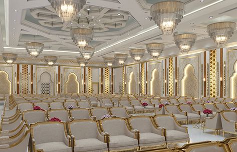 Banquet Hall Design Interiors Indian, Banquet Hall Wall Design, Banquet Hall Ceiling Design, Party Hall Interior Design, Banquet Hall Design Interiors, Wedding Hall Design, Ceiling Photos, Indian Embassy, Marriage Hall