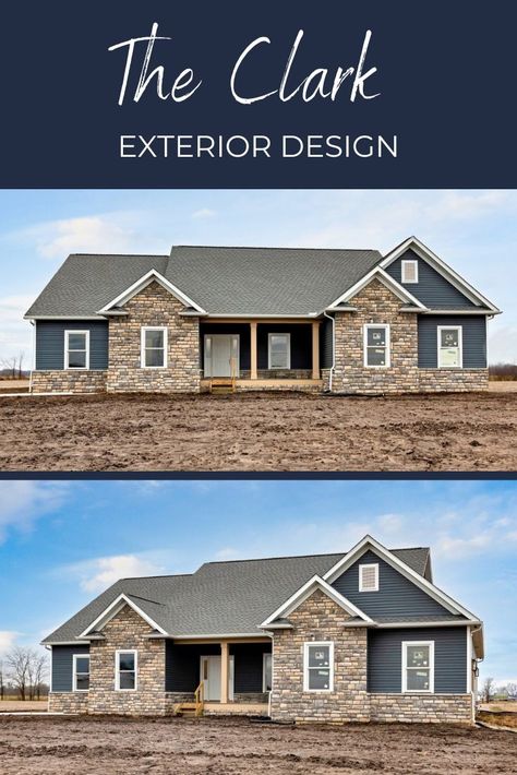 We love the exterior of this Clark! The cultured Kentucky Blend limestone stone on the front, coupled with Sea Slate horizontal siding, is the perfect combo! And that spacious 48' back patio with access from the Family Room and Owner's Suite is what summer dreams are made of! Sea Slate Vinyl Siding, Deep Granite Vinyl Siding, Dark Siding Light Stone Exterior, Mastic Deep Granite Siding, Harvard Slate Vinyl Siding, Mastic Natural Slate Siding, Horizontal Siding, Open Living Space, Unique Floor Plans