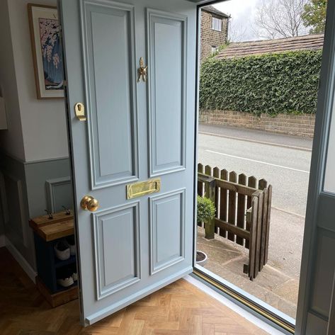 Front Door Ideas Blue, Parma Gray Kitchen, Farrow Ball Parma Grey, Farrow And Ball Door Exterior Paint, Grey Blue Door, Pastel Blue Front Door, Parma Grey Farrow And Ball Bedroom, Blue Grey Hallway Ideas, Farrow And Ball Parma Grey Bedroom