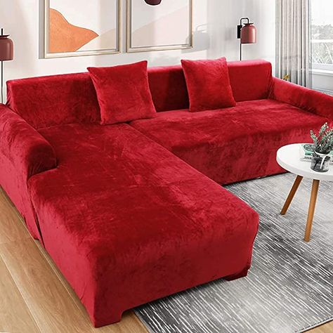 Red Sectional Sofa, Sectional Sofa Slipcovers, Plush Couch, Modern Apartment Living Room, Corner Sofa Covers, Sectional Couch Cover, Red Couch, U Shaped Sofa, Living Room Red