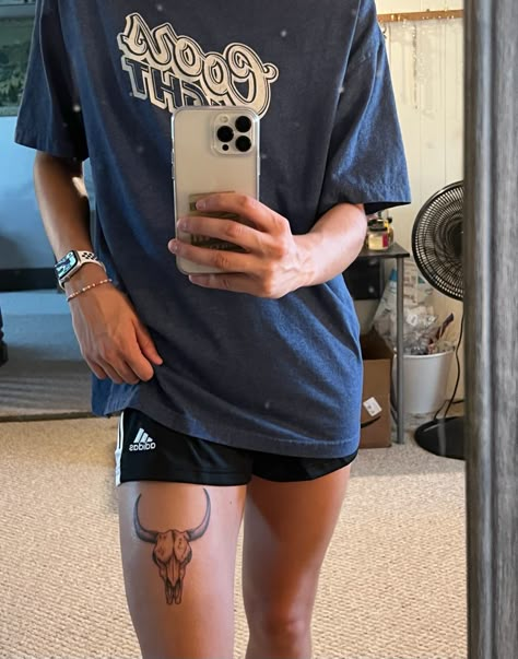 Longhorn Bicep Tattoo, Longhorn Tattoo On Thigh, Cow Skull Tattoo On Thigh, Small Longhorn Skull Tattoo, Bull Skull Tattoo Under Knee, Bull Skull Tattoo Thigh, Bull Skull Leg Tattoo, Bull Skull Knee Tattoo, American Traditional Longhorn Tattoo