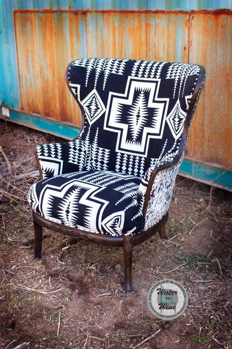 Old MCM curved chair upcycled with Pendleton wool fabric and cowhide by Water to Wine Furniture & Design out of Kuna Idaho Diy Old Chairs Projects Ideas, Pendleton Inspired Decor, Western Wingback Chair, Pendleton Chair Upholstery, Mcm Western Decor, Pendleton Chair, Pendleton Furniture, Pendleton Decor, Kuna Idaho