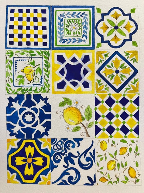 Mediterranean tiles aquarelle painting. Graphic by: HadaMundo.etsy.com Dimensions: 14.7x21 cm (5.78x8.26 inches)  Crafted on premium 300 g/m² (140 lb) cold-pressed paper. Mediterranean Design Style, Italian Pattern Design, Sun Branding, Mediterranean Print, Mediterranean Style Kitchen, Italian Patterns, Tile Illustration, Mediterranean Cafe, Table Tiles