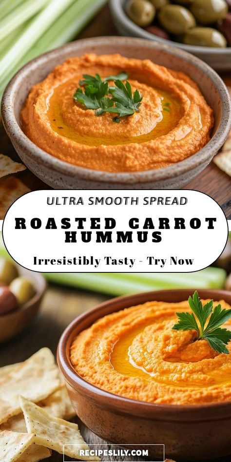 I love indulging in this ultra smooth roasted carrot hummus! It’s perfectly creamy with a delightful sweetness from the carrots. Perfect as a dip with crackers or veggies, it’s a healthy and tasty snack option I can’t get enough of. Try it today and experience the deliciousness! Healthy Vegetarian Snack Recipes, Carrot Appetizers, Carrot Hummus Recipe, Carrots And Hummus, Roasted Carrot Hummus, Dip With Crackers, Hummus Crackers, Carrot Hummus, Healthy Dip