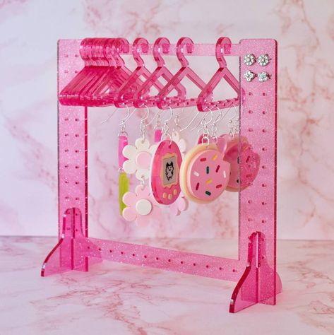 Clothing Rack Earring Hanger 2.0 - Clear Pink Shimmer – Affordable Earrings :) Kikay Earrings, Mini Clothing Rack, Pastel Bedroom Decor, Barbie Rooms, Earring Hanger, Barbie Room, Pink Room Decor, Hanger Design, Earrings Accessories