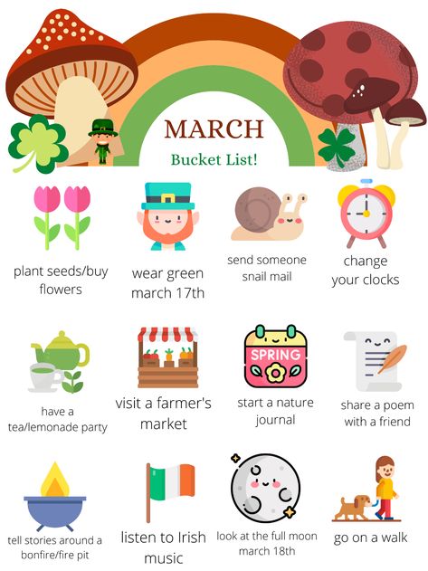 March Bucket List 2024, March Holidays 2024, Spring Bucket List For Kids, Easter Bucket List, March Homeschool Ideas, March Aesthetic Month, March To Do List, March List, May Bucket List