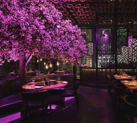 Tattu Restaurant And Bar, Tattu Restaurant Manchester, Dark Restaurant Interior, Tattu Manchester, Birthday Restaurant Ideas, Purple Bar, Manchester Restaurants, Restaurant Design Inspiration, Bar In Casa